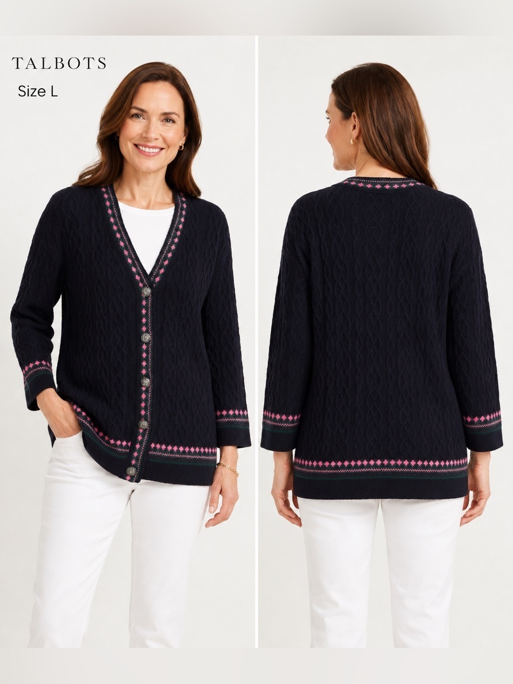 Talbots Women's Button Front Knit Cardigan Navy Pink Trim - Size L